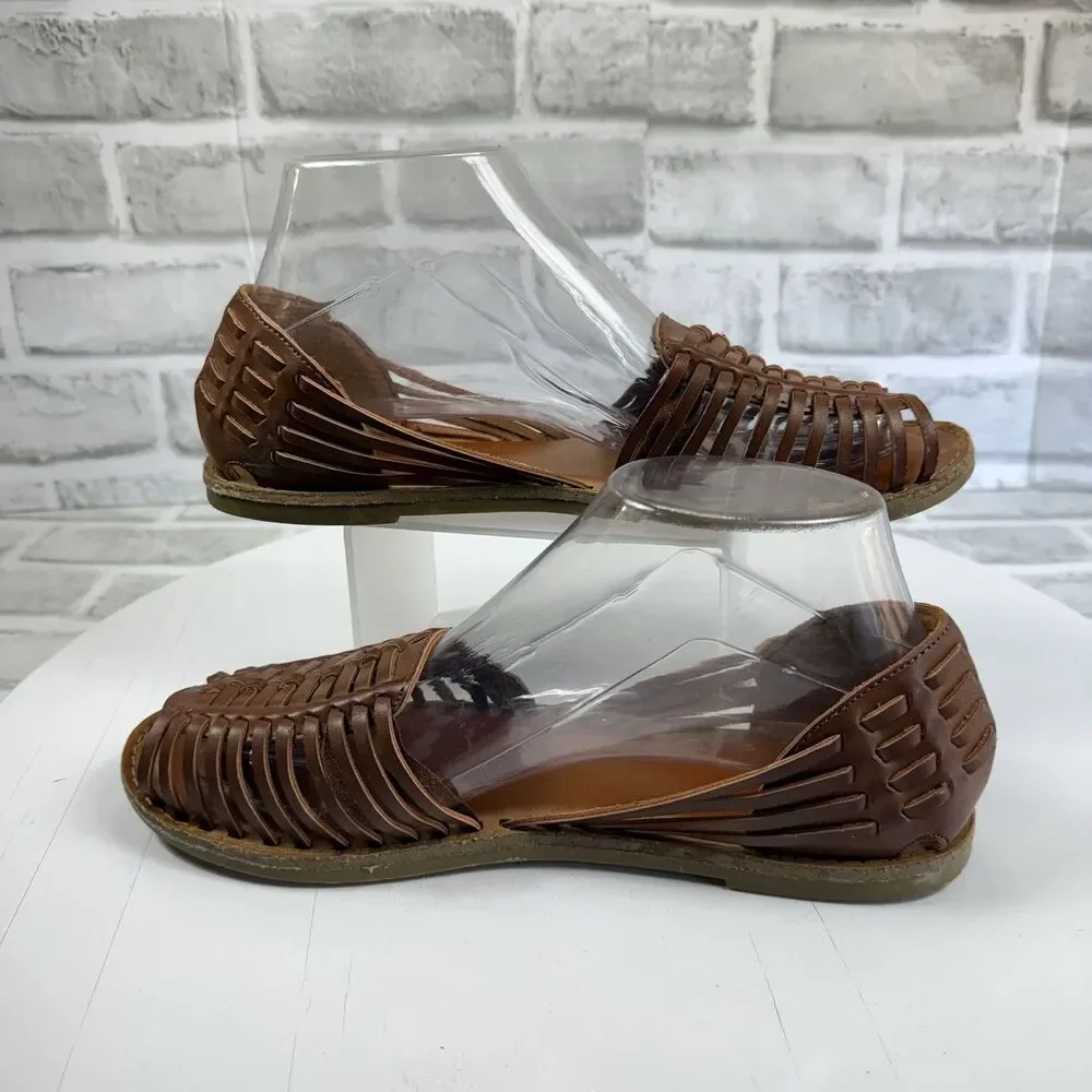 Classic Women's Size 8 Brown Leather Huarache Flats Comfort Open Toe Sandals